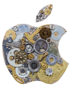 Logo-ul Apple realizat din piese mecanice și angrenaje vintage, simbolizând inovația și precizia. Un design artistic potrivit pentru cadouri corporate unice și personalizate.