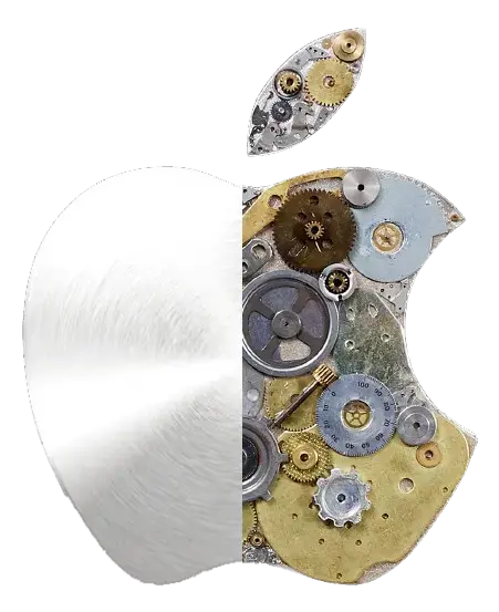 Transformare logo-ul Apple folosind piese mecanice și angrenaje vintage, simbolizând inovația și precizia. Un design artistic potrivit pentru cadouri corporate unice și personalizate.